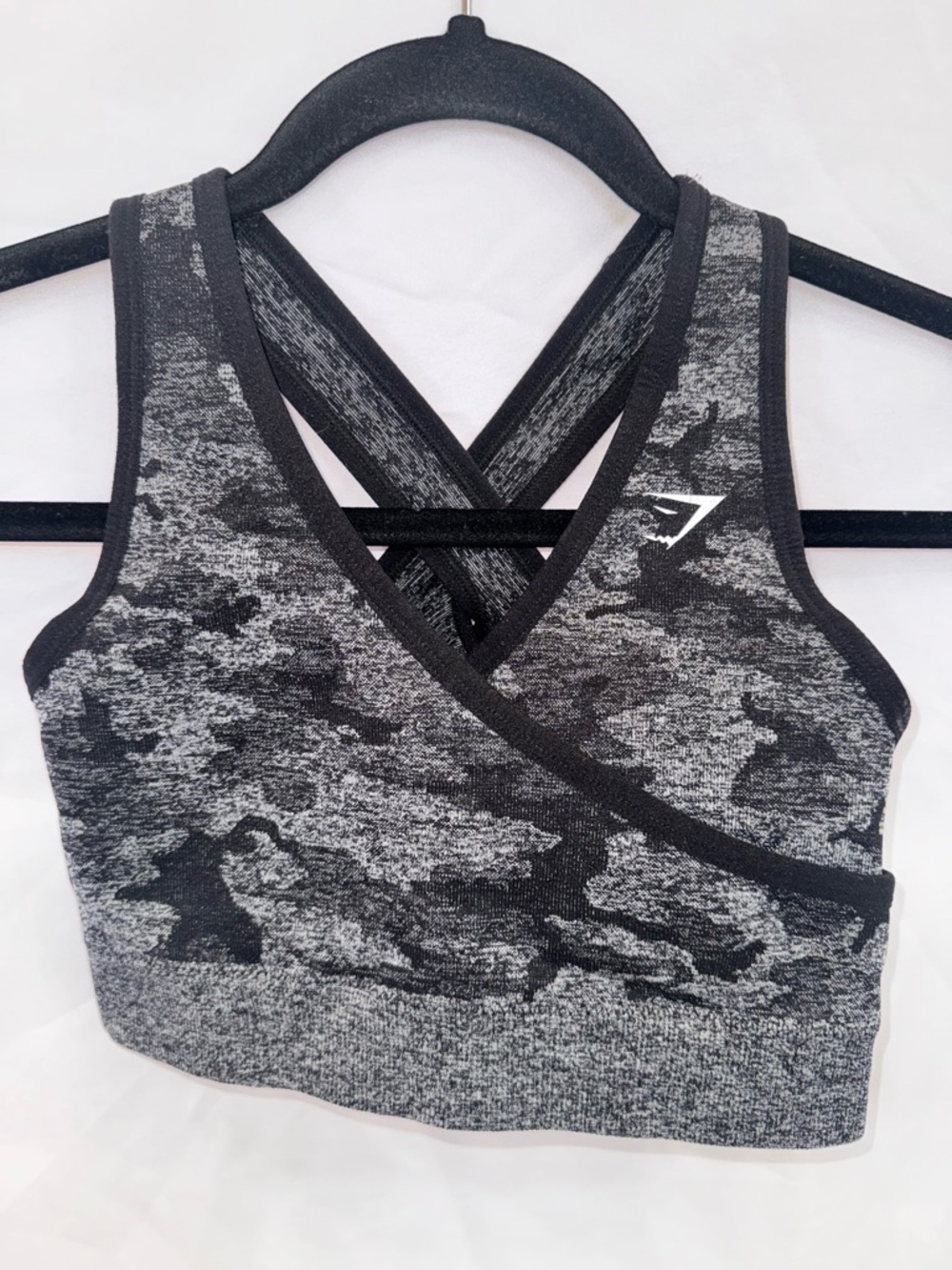 Gymshark Black & Gray Camouflage Crisscross Sports Bra